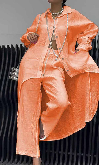 Linen Back Cut-out Shirt and Trousers Two-piece Set