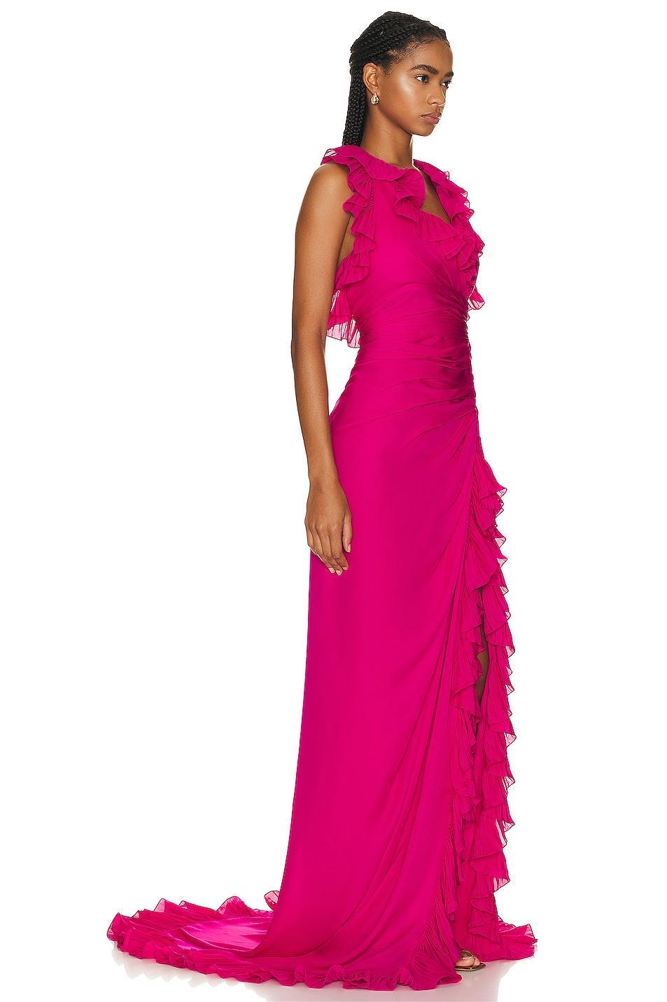 V-neck Sleeveless Backless Slit Ruffle Hem Maxi Dress