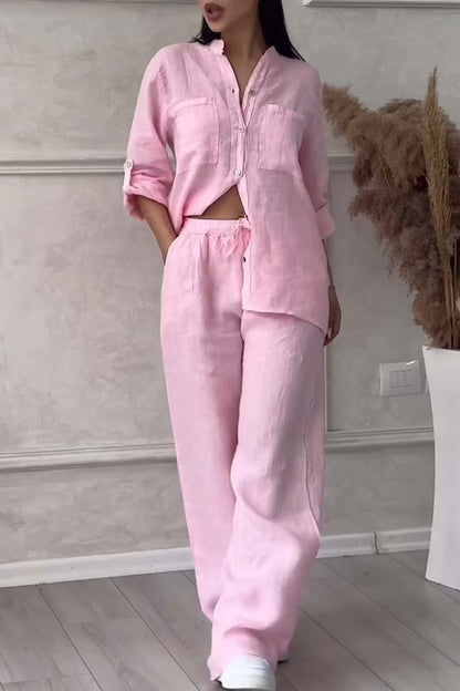 Color Cotton and Linen Pants Two-piece Set