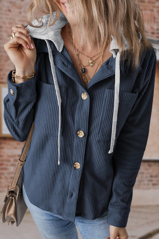 Lapel Button Cardigan Pocket Hood Drawstring Striped Jacket
