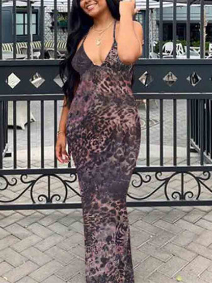 Backless Halter Printed Slim Maxi Dress