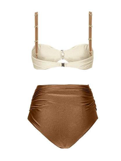 Sling Color Block Cutout High Waist Bikini Swimsuit and Skirt