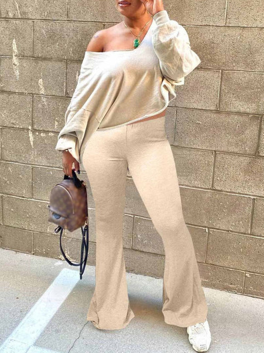 Basics V Neck Loose Flared Pants Set At9024