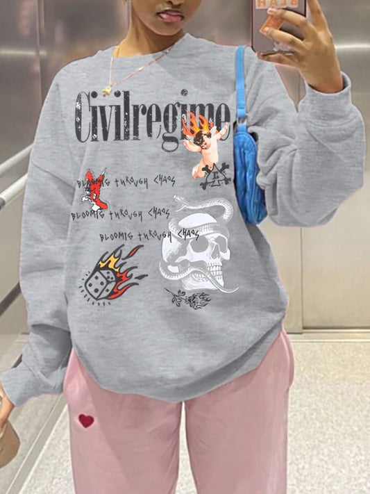 Skull Head Letter Print Loose Sweatshirt Bo5087