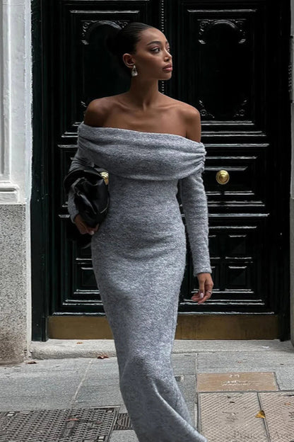 Knit Fitted Off Shoulder Long Sleeve Maxi Dress