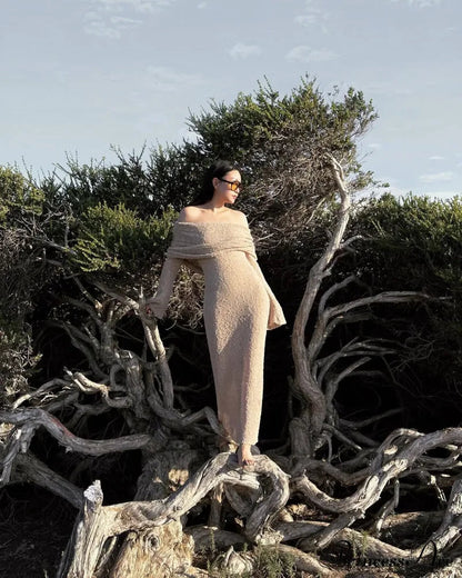 Knit Off-shoulder Long Sleeve Maxi Dress