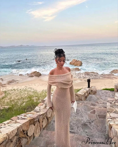 Knit Off-shoulder Long Sleeve Maxi Dress