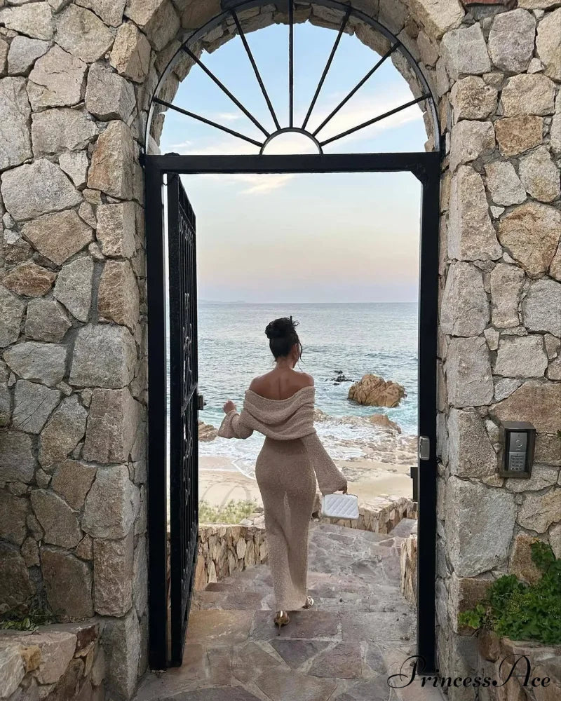 Knit Off-shoulder Long Sleeve Maxi Dress