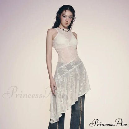 Knit White Asymmetrical Charming Tank Midi Dress