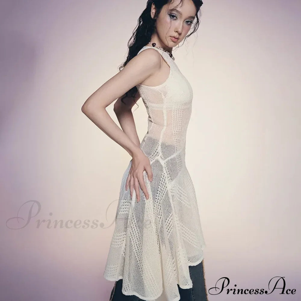 Knit White Asymmetrical Charming Tank Midi Dress