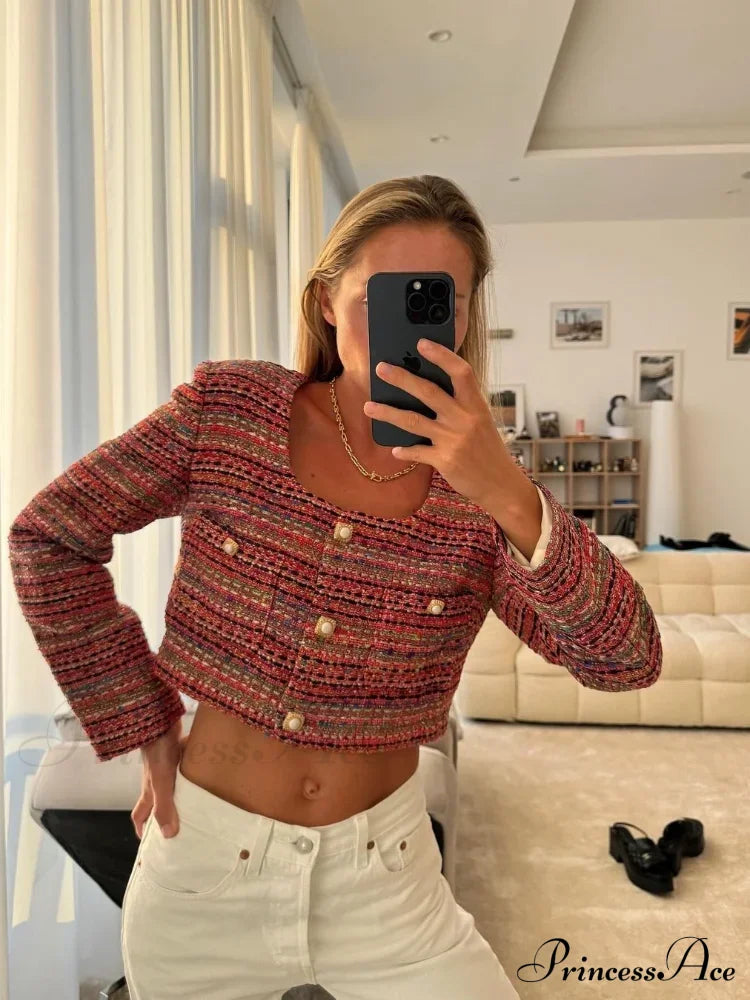 Knitted Buttoned Pocketed Square Neck Long Sleeved Short Autumn Stylish Coat