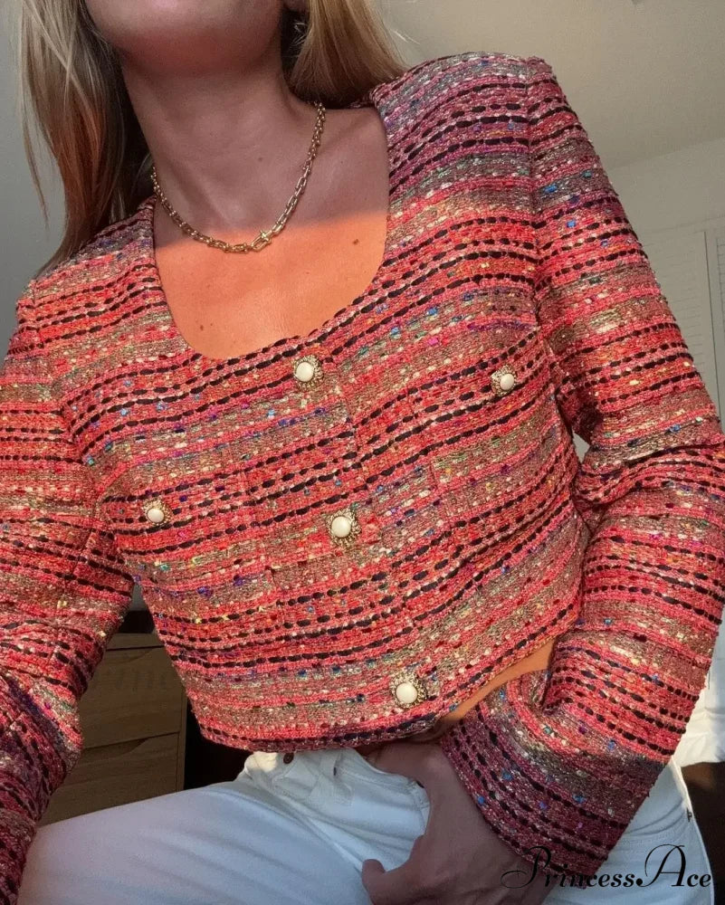Knitted Buttoned Pocketed Square Neck Long Sleeved Short Autumn Stylish Coat
