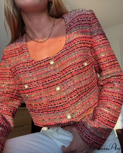 Knitted Buttoned Pocketed Square Neck Long Sleeved Short Autumn Stylish Coat