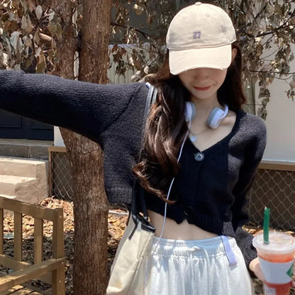 Knitted Cropped Korean V-neck Y2k Cardigan