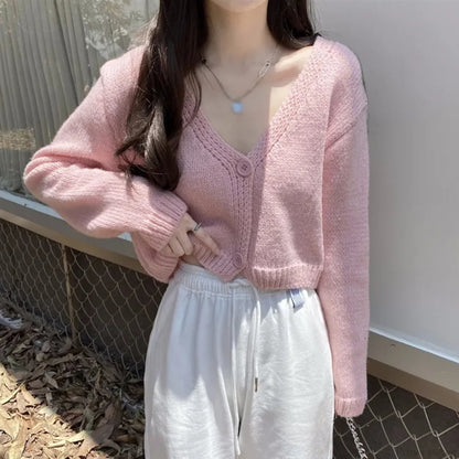 Knitted Cropped Korean V-neck Y2k Cardigan
