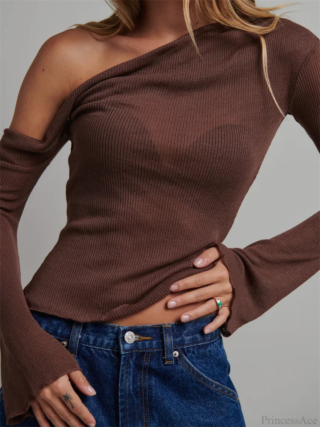 Knitted Long Flare Sleeve Slim Fit T-shirt