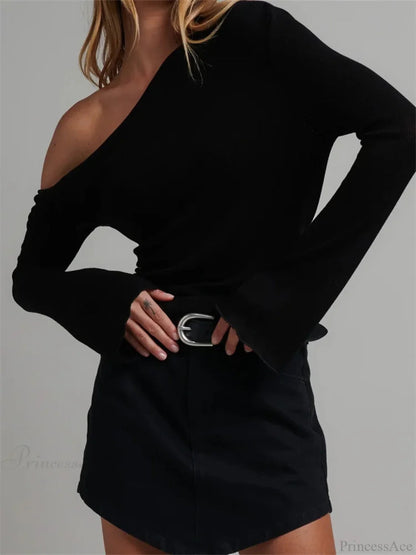 Knitted Long Flare Sleeve Slim Fit T-shirt
