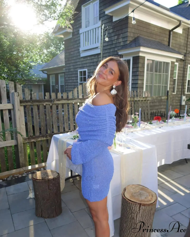 Knitted Off-shoulder Long Charming Sleeve Mini Dress