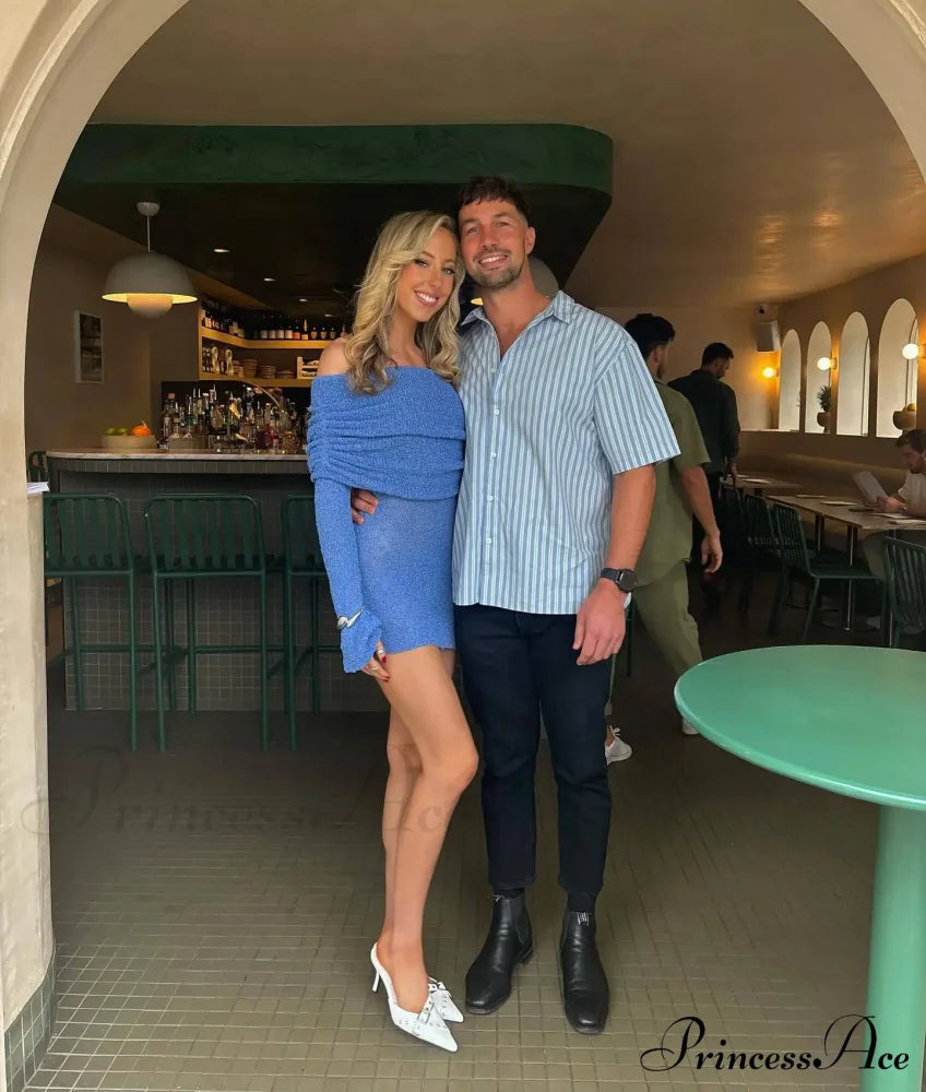 Knitted Off-shoulder Long Charming Sleeve Mini Dress