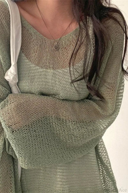 Knitted Openwork Loose Long Sleeve Blouse