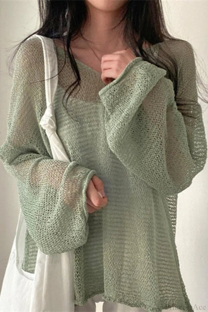Knitted Openwork Loose Long Sleeve Blouse