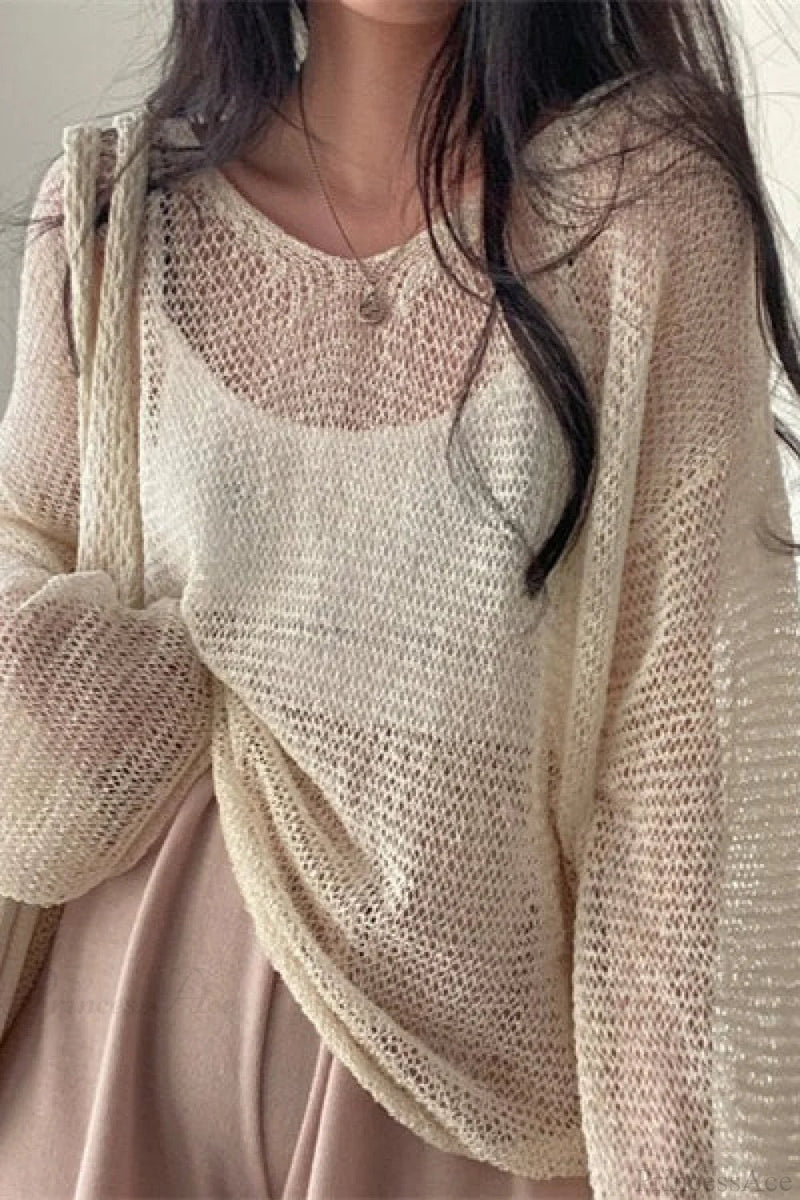 Knitted Openwork Loose Long Sleeve Blouse