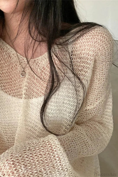 Knitted Openwork Loose Long Sleeve Blouse