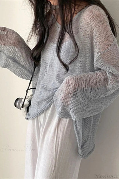 Knitted Openwork Loose Long Sleeve Blouse