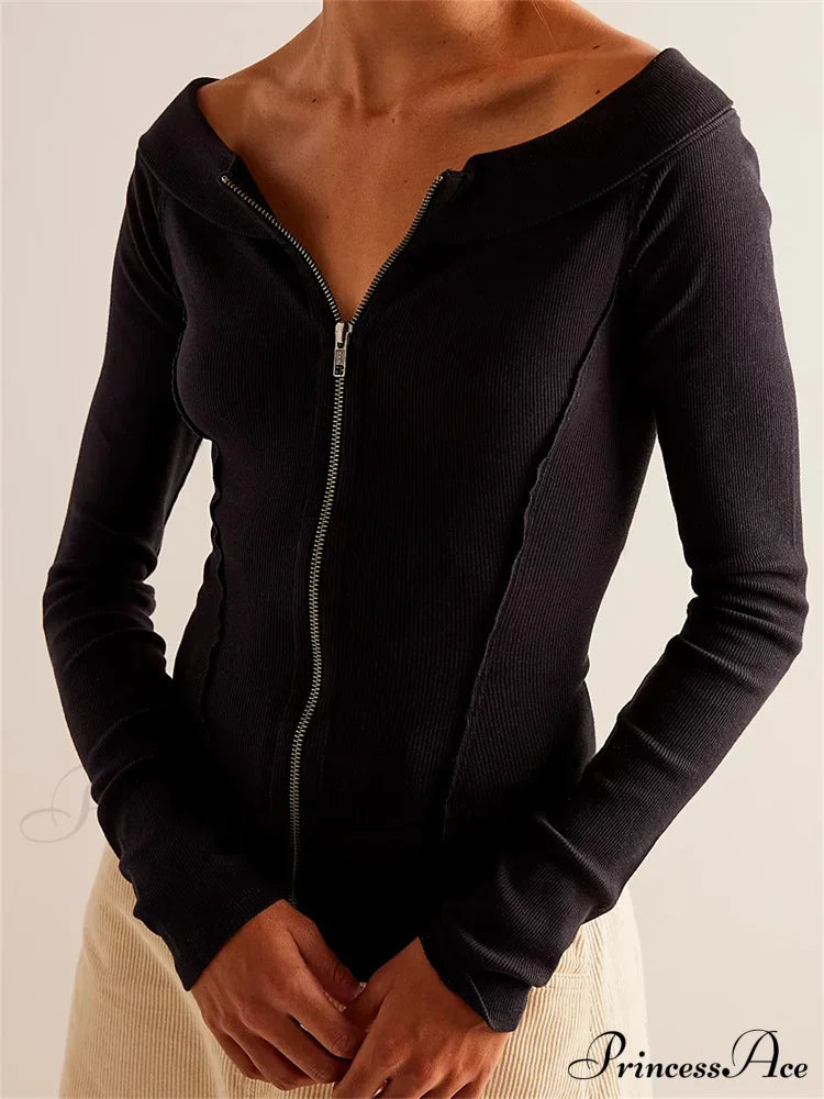Knitted Patchwork Color Long Sleeve Double Zip Up T-shirts