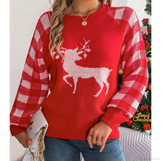 Knitted Plaid Christmas Sweater With Round Neck and Long Sleeves for Autumn/winter
