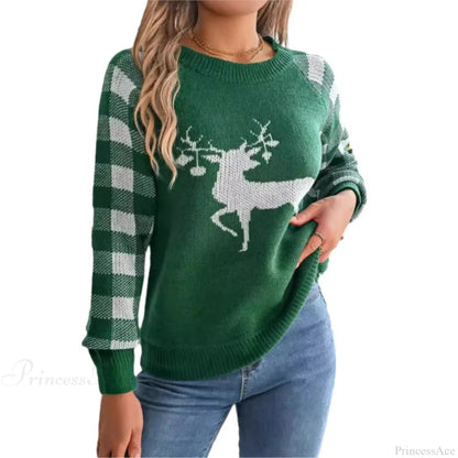 Knitted Plaid Christmas Sweater With Round Neck and Long Sleeves for Autumn/winter