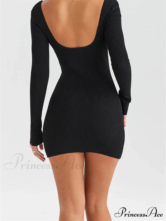 Knitted Ribbed Party Long Sleeve Square Neck Mini Dress