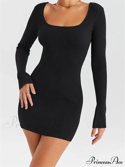 Knitted Ribbed Party Long Sleeve Square Neck Mini Dress