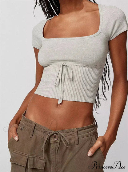 Knitted Ribbed Color Short Sleeve Square Neck Drawstring T-shirts