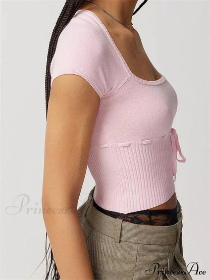 Knitted Ribbed Color Short Sleeve Square Neck Drawstring T-shirts