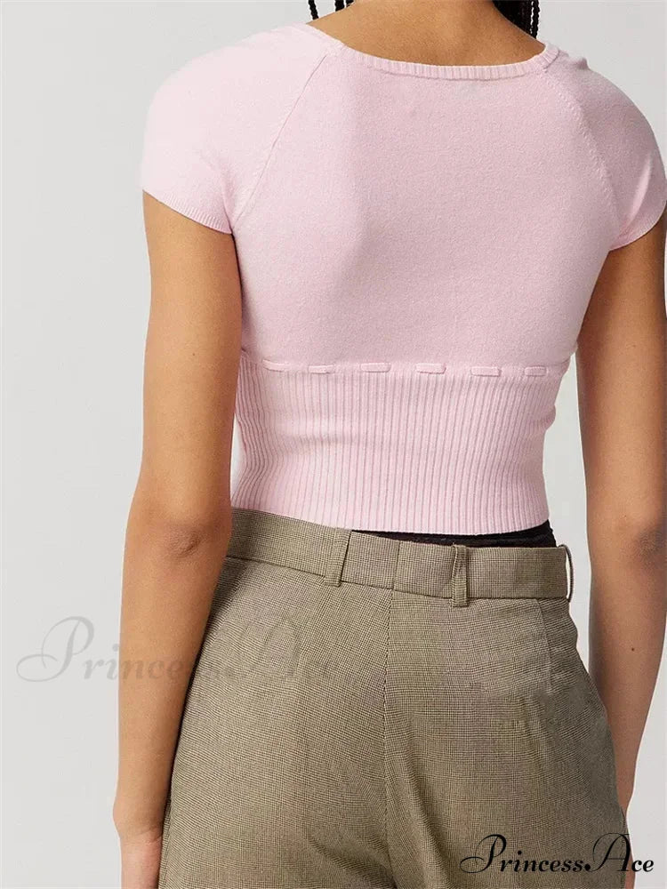 Knitted Ribbed Color Short Sleeve Square Neck Drawstring T-shirts