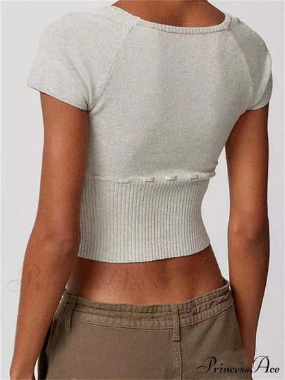 Knitted Ribbed Color Short Sleeve Square Neck Drawstring T-shirts