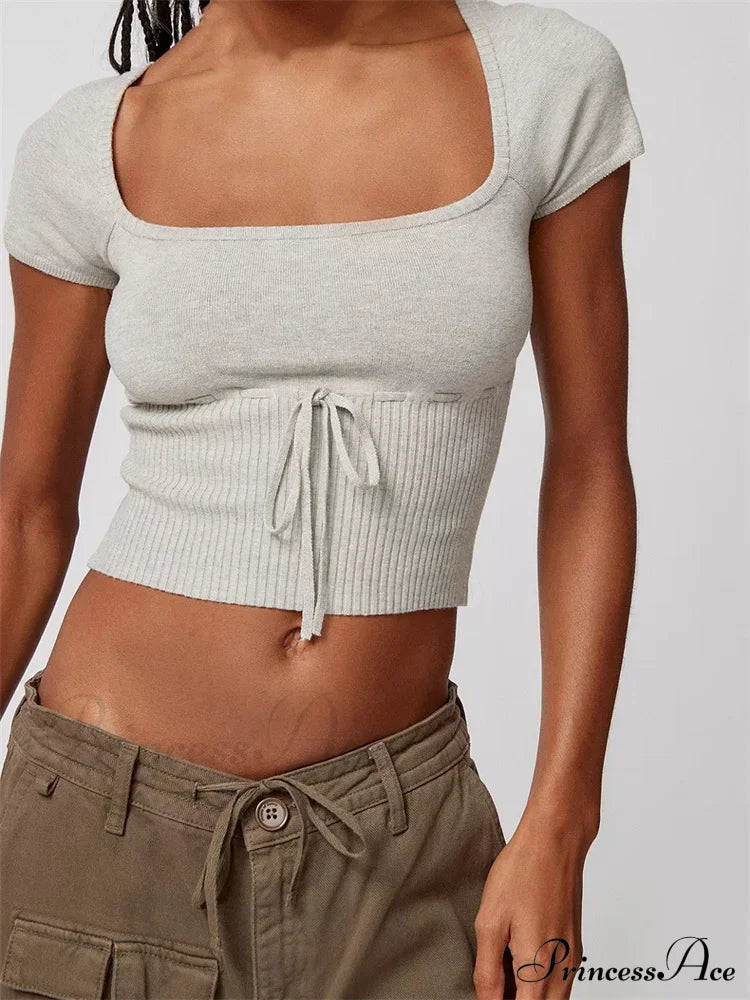Knitted Ribbed Color Short Sleeve Square Neck Drawstring T-shirts