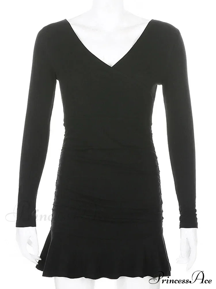 Knitted Ribbed V Neck Long Sleeve Mini Dress