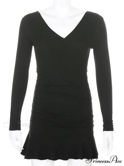 Knitted Ribbed V Neck Long Sleeve Mini Dress