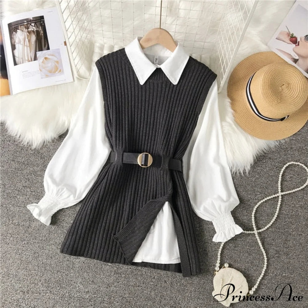 Knitted Set Waistband Style Blouse Top - Lantern College and Vest Arm Uk900