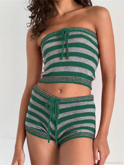 Knitted Striped Off Shoulder Crop Tube Top With Drawstring Shorts Set