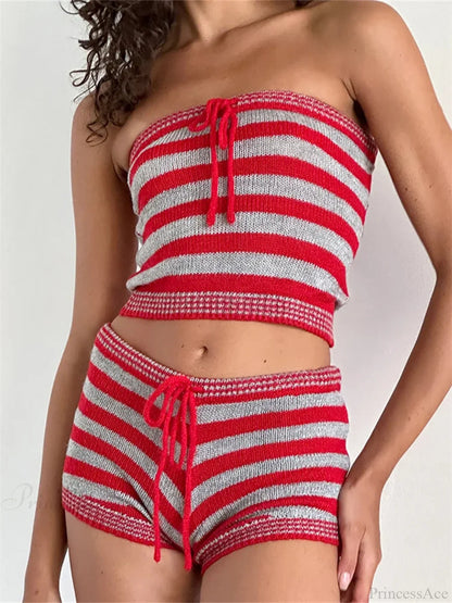 Knitted Striped Off Shoulder Crop Tube Top With Drawstring Shorts Set