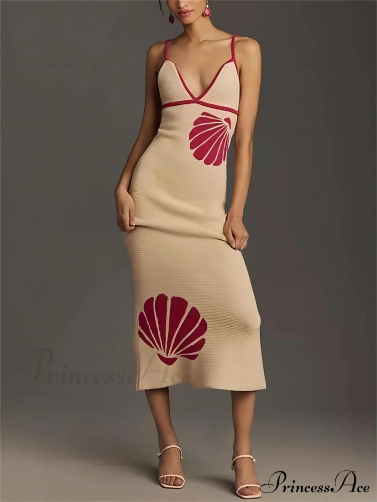 Knitted Suspender Halterneck V-neck Graceful Backless Midi Dress