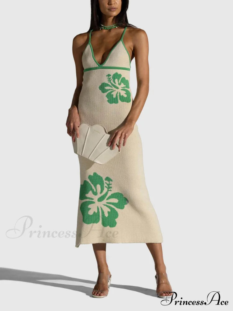Knitted Suspender Halterneck V-neck Graceful Backless Midi Dress