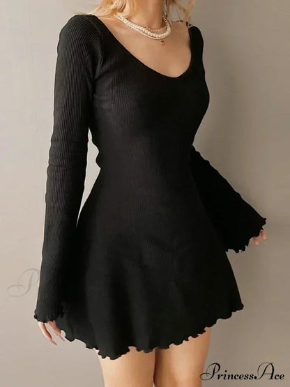 Knitting V Neck Hem Mini Dress