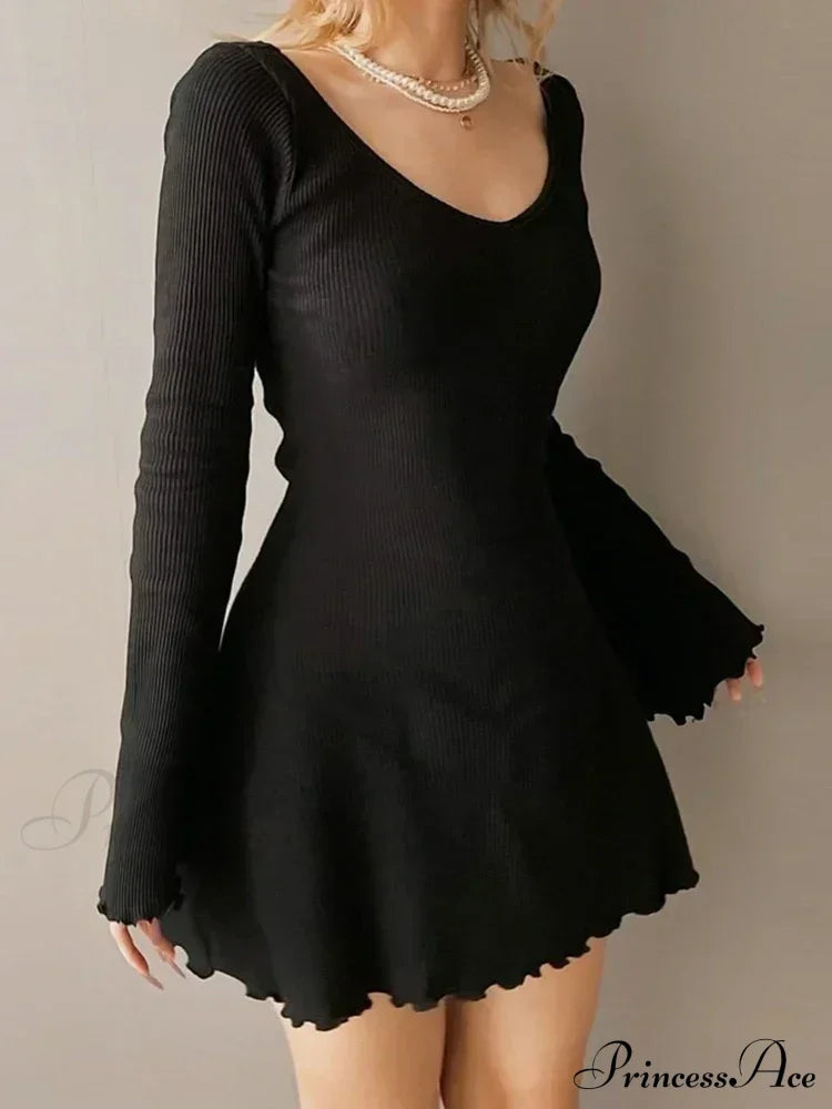 Knitting V Neck Hem Mini Dress