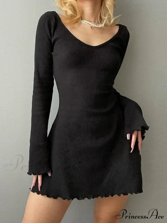 Knitting V Neck Hem Mini Dress