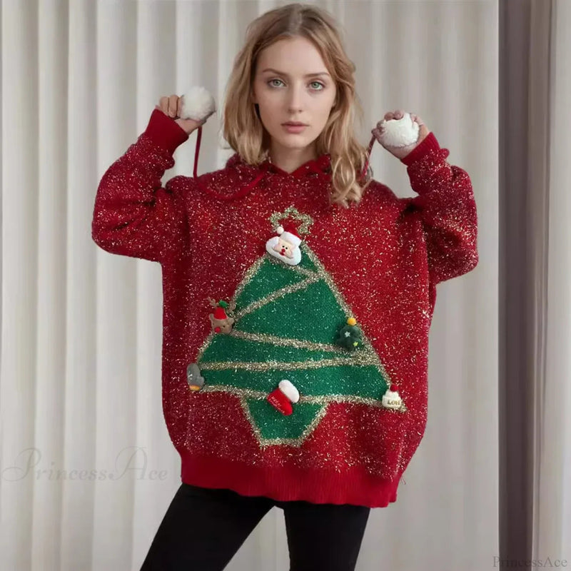 Korea Style Christmas Tree Hooded Loose Ugly Knitwear Christmas Sweater