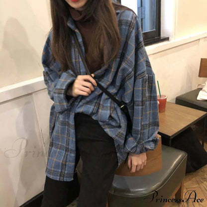 Korean Flannel Plaid Boyfriend Oversized Blouse for Autumn Street Tunic Shirts Blouse Tops